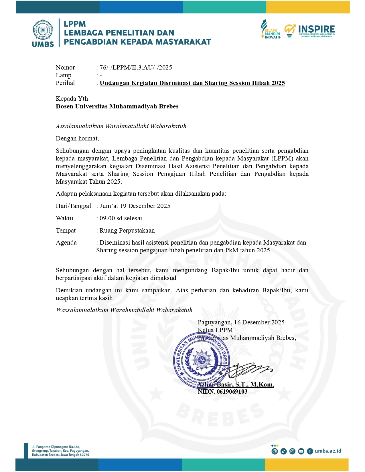 Undangan Kegiatan Diseminasi dan Sharing Session Hibah 2025
